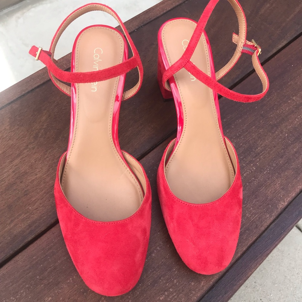 Calvin Klein Suede 2” Block Heal Sandals in Red